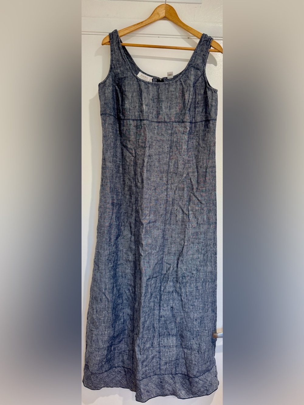 100% Linen Maxi Dress Navy Blue Chambray Sleeveless Empire Waist Minimalist 12
